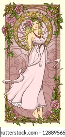 Art Nouveau Woman In Vertical Floral Border