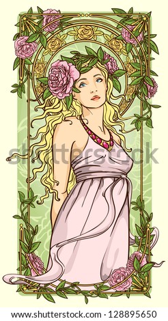 Art Nouveau woman in vertical floral border