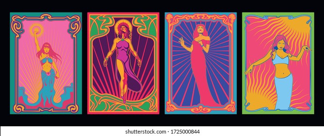 Art Nouveau Women Psychedelic Art Posters, Flying Lady, Dancing Girl, Goddess, Beauty Woman 