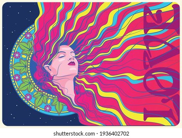 Afiche de colores psicodélicos de estilo Art Nouveua, retrato de niña hippie, pelo largo con rizos