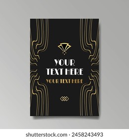 Art Nuevo luxury template golden-black, A4 page, menu, card, invitation, lines flowers and city lights a Modern, Art Novo  Deco style, Romantic floral motive, elegant geometric beautiful background