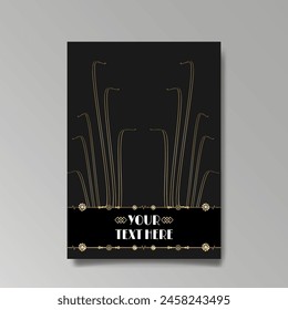 Art Nuevo luxury template golden-black, A4 page, menu, card, invitation, lines flowers and city lights a Modern, Art Novo  Deco style, Romantic floral motive, elegant geometric beautiful background