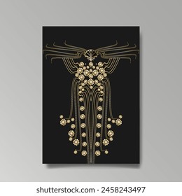 Art Nuevo luxury template golden-black, A4 page, menu, card, invitation, lines flowers and city lights a Modern, Art Novo  Deco style, Romantic floral motive, elegant geometric beautiful background