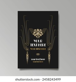 Art Nuevo luxury template golden-black, A4 page, menu, card, invitation, lines flowers and city lights a Modern, Art Novo  Deco style, Romantic floral motive, elegant geometric beautiful background