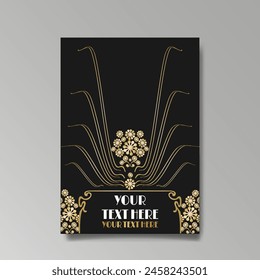 Art Nuevo luxury template golden-black, A4 page, menu, card, invitation, lines flowers and city lights a Modern, Art Novo  Deco style, Romantic floral motive, elegant geometric beautiful background