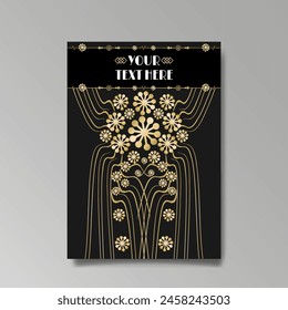 Art Nuevo luxury template golden-black, A4 page, menu, card, invitation, lines flowers and city lights a Modern, Art Novo  Deco style, Romantic floral motive, elegant geometric beautiful background