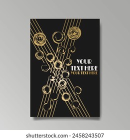 Art Nuevo luxury template golden-black, A4 page, menu, card, invitation, lines flowers and city lights a Modern, Art Novo  Deco style, Romantic floral motive, elegant geometric beautiful background