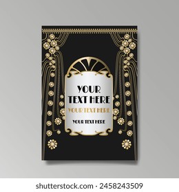 Art Nuevo luxury template golden-black, A4 page, menu, card, invitation, lines flowers and city lights a Modern, Art Novo  Deco style, Romantic floral motive, elegant geometric beautiful background