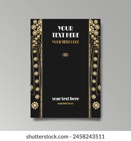 Art Nuevo luxury template golden-black, A4 page, menu, card, invitation, lines flowers and city lights a Modern, Art Novo  Deco style, Romantic floral motive, elegant geometric beautiful background