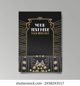 Art Nuevo luxury template golden-black, A4 page, menu, card, invitation, lines flowers and city lights a Modern, Art Novo  Deco style, Romantic floral motive, elegant geometric beautiful background