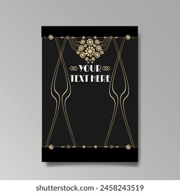 Art Nuevo luxury template golden-black, A4 page, menu, card, invitation, lines flowers and city lights a Modern, Art Novo  Deco style, Romantic floral motive, elegant geometric beautiful background