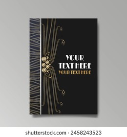 Art Nuevo luxury template golden-black, A4 page, menu, card, invitation, lines flowers and city lights a Modern, Art Novo  Deco style, Romantic floral motive, elegant geometric beautiful background