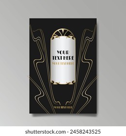 Art Nuevo luxury template golden-black, A4 page, menu, card, invitation, lines flowers and city lights a Modern, Art Novo  Deco style, Romantic floral motive, elegant geometric beautiful background