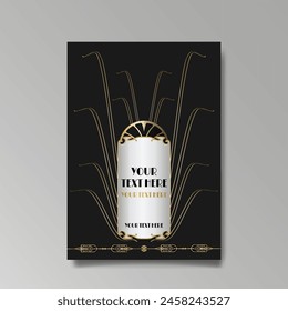 Art Nuevo luxury template golden-black, A4 page, menu, card, invitation, lines flowers and city lights a Modern, Art Novo  Deco style, Romantic floral motive, elegant geometric beautiful background