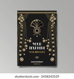 Art Nuevo luxury template golden-black, A4 page, menu, card, invitation, lines flowers and city lights a Modern, Art Novo  Deco style, Romantic floral motive, elegant geometric beautiful background