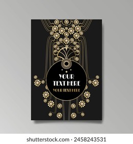 Art Nuevo luxury template golden-black, A4 page, menu, card, invitation, lines flowers and city lights a Modern, Art Novo  Deco style, Romantic floral motive, elegant geometric beautiful background