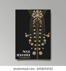 Art Nuevo luxury template golden-black, A4 page, menu, card, invitation, lines flowers and city lights a Modern, Art Novo  Deco style, Romantic floral motive, elegant geometric beautiful background