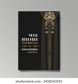 Art Nuevo luxury template golden-black, A4 page, menu, card, invitation, lines flowers and city lights a Modern, Art Novo  Deco style, Romantic floral motive, elegant geometric beautiful background