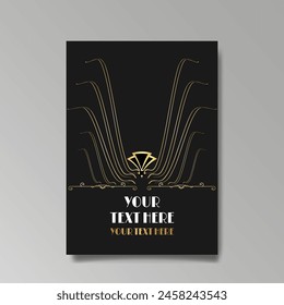 Art Nuevo luxury template golden-black, A4 page, menu, card, invitation, lines flowers and city lights a Modern, Art Novo  Deco style, Romantic floral motive, elegant geometric beautiful background