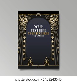 Art Nuevo luxury template golden-black, A4 page, menu, card, invitation, lines flowers and city lights a Modern, Art Novo  Deco style, Romantic floral motive, elegant geometric beautiful background