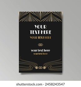 Art Nuevo luxury template golden-black, A4 page, menu, card, invitation, lines flowers and city lights a Modern, Art Novo  Deco style, Romantic floral motive, elegant geometric beautiful background