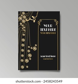 Art Nuevo luxury template golden-black, A4 page, menu, card, invitation, lines flowers and city lights a Modern, Art Novo  Deco style, Romantic floral motive, elegant geometric beautiful background