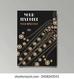 Art Nuevo luxury template golden-black, A4 page, menu, card, invitation, lines flowers and city lights a Modern, Art Novo  Deco style, Romantic floral motive, elegant geometric beautiful background