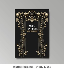 Art Nuevo luxury template golden-black, A4 page, menu, card, invitation, lines flowers and city lights a Modern, Art Novo  Deco style, Romantic floral motive, elegant geometric beautiful background