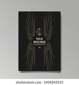 Art Nuevo luxury template golden-black, A4 page, menu, card, invitation, lines flowers and city lights a Modern, Art Novo  Deco style, Romantic floral motive, elegant geometric beautiful background