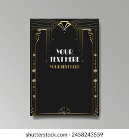 Art Nuevo luxury template golden-black, A4 page, menu, card, invitation, lines flowers and city lights a Modern, Art Novo  Deco style, Romantic floral motive, elegant geometric beautiful background