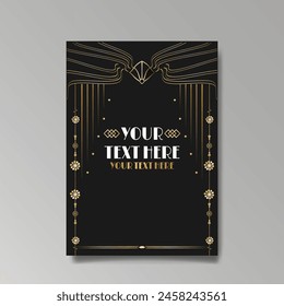 Art Nuevo luxury template golden-black, A4 page, menu, card, invitation, lines flowers and city lights a Modern, Art Novo  Deco style, Romantic floral motive, elegant geometric beautiful background