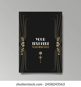 Art Nuevo luxury template golden-black, A4 page, menu, card, invitation, lines flowers and city lights a Modern, Art Novo  Deco style, Romantic floral motive, elegant geometric beautiful background