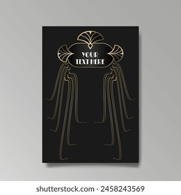 Art Nuevo luxury template golden-black, A4 page, menu, card, invitation, lines flowers and city lights a Modern, Art Novo  Deco style, Romantic floral motive, elegant geometric beautiful background