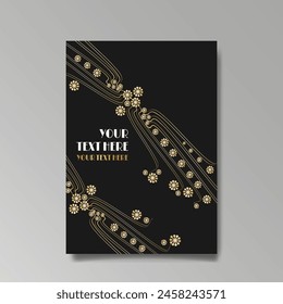 Art Nuevo luxury template golden-black, A4 page, menu, card, invitation, lines flowers and city lights a Modern, Art Novo  Deco style, Romantic floral motive, elegant geometric beautiful background