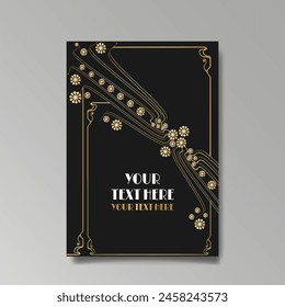 Art Nuevo luxury template golden-black, A4 page, menu, card, invitation, lines flowers and city lights a Modern, Art Novo  Deco style, Romantic floral motive, elegant geometric beautiful background