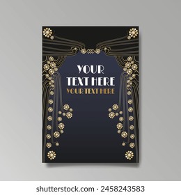 Art Nuevo luxury template golden-black, A4 page, menu, card, invitation, lines flowers and city lights a Modern, Art Novo  Deco style, Romantic floral motive, elegant geometric beautiful background