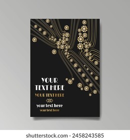 Art Nuevo luxury template golden-black, A4 page, menu, card, invitation, lines flowers and city lights a Modern, Art Novo  Deco style, Romantic floral motive, elegant geometric beautiful background