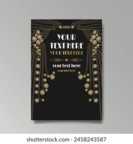 Art Nuevo luxury template golden-black, A4 page, menu, card, invitation, lines flowers and city lights a Modern, Art Novo  Deco style, Romantic floral motive, elegant geometric beautiful background