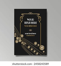 Art Nuevo luxury template golden-black, A4 page, menu, card, invitation, lines flowers and city lights a Modern, Art Novo  Deco style, Romantic floral motive, elegant geometric beautiful background