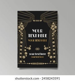 Art Nuevo luxury template golden-black, A4 page, menu, card, invitation, lines flowers and city lights a Modern, Art Novo  Deco style, Romantic floral motive, elegant geometric beautiful background