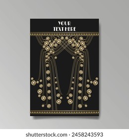 Art Nuevo luxury template golden-black, A4 page, menu, card, invitation, lines flowers and city lights a Modern, Art Novo  Deco style, Romantic floral motive, elegant geometric beautiful background