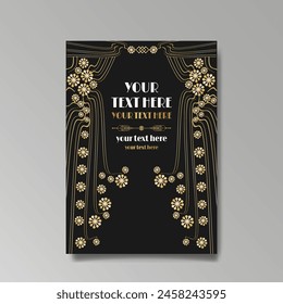 Art Nuevo luxury template golden-black, A4 page, menu, card, invitation, lines flowers and city lights a Modern, Art Novo  Deco style, Romantic floral motive, elegant geometric beautiful background