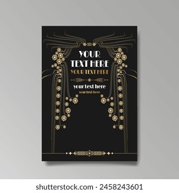 Art Nuevo luxury template golden-black, A4 page, menu, card, invitation, lines flowers and city lights a Modern, Art Novo  Deco style, Romantic floral motive, elegant geometric beautiful background