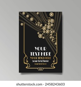 Art Nuevo luxury template golden-black, A4 page, menu, card, invitation, lines flowers and city lights a Modern, Art Novo  Deco style, Romantic floral motive, elegant geometric beautiful background