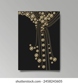 Art Nuevo luxury template golden-black, A4 page, menu, card, invitation, lines flowers and city lights a Modern, Art Novo  Deco style, Romantic floral motive, elegant geometric beautiful background