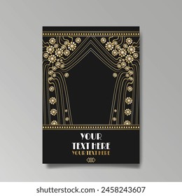 Art Nuevo luxury template golden-black, A4 page, menu, card, invitation, lines flowers and city lights a Modern, Art Novo  Deco style, Romantic floral motive, elegant geometric beautiful background