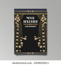 Art Nuevo luxury template golden-black, A4 page, menu, card, invitation, lines flowers and city lights a Modern, Art Novo  Deco style, Romantic floral motive, elegant geometric beautiful background