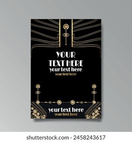 Art Nuevo luxury template golden-black, A4 page, menu, card, invitation, lines flowers and city lights a Modern, Art Novo  Deco style, Romantic floral motive, elegant geometric beautiful background