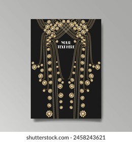 Art Nuevo luxury template golden-black, A4 page, menu, card, invitation, lines flowers and city lights a Modern, Art Novo  Deco style, Romantic floral motive, elegant geometric beautiful background