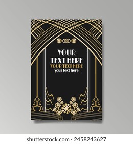 Art Nuevo luxury template golden-black, A4 page, menu, card, invitation, lines flowers and city lights a Modern, Art Novo  Deco style, Romantic floral motive, elegant geometric beautiful background